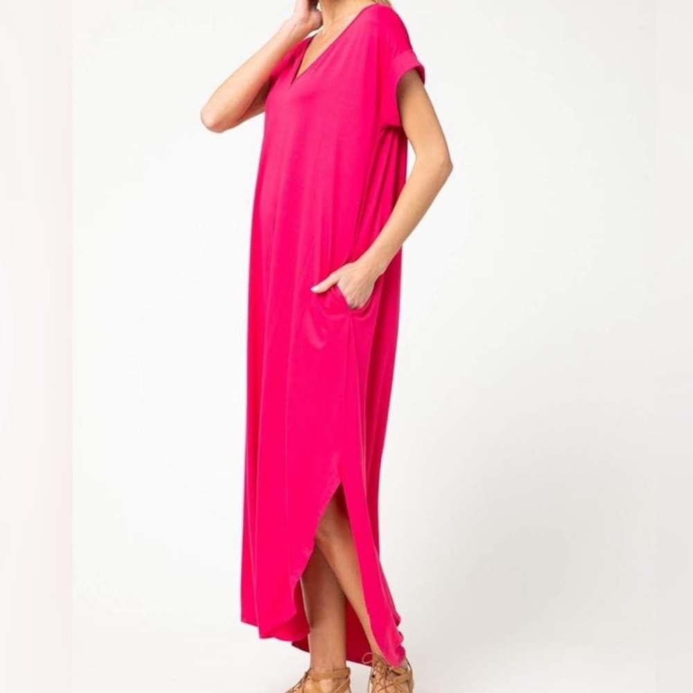 Entro Everyday Casual Maxi Dress New Hot pink pockets V neckline Short Sleeve